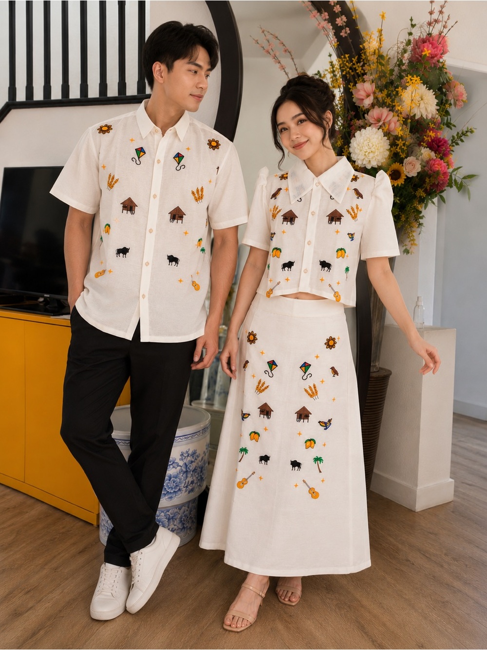 Filipiniana Set Embroidered White Blouse & A-Line Skirt - Picture 6 of 9